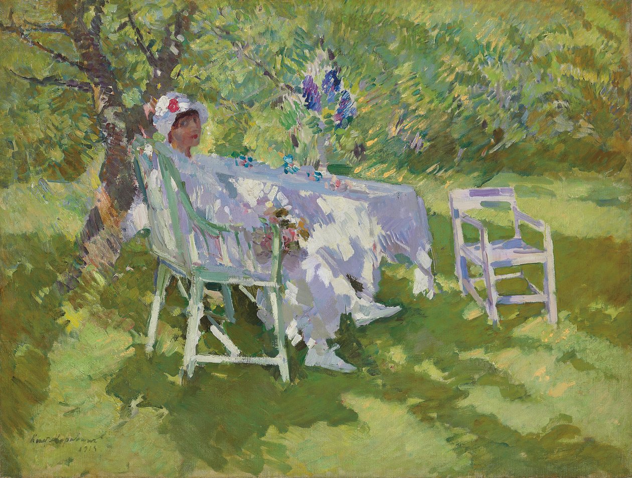 En dame i hvidt siddende i en have af Konstantin Alekseevich Korovin