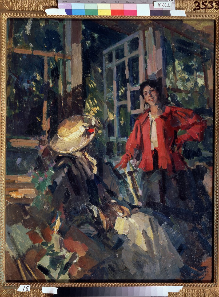 Ved vinduet. To unge kvinder, den ene meget smilende, den anden vendte sig meget elegant om foran en stor karnap. Maleri af Konstantin Alexeyevich Korovin (Constantin Korovin) (1861-1939), olie på lærred af Konstantin Alekseevich Korovin