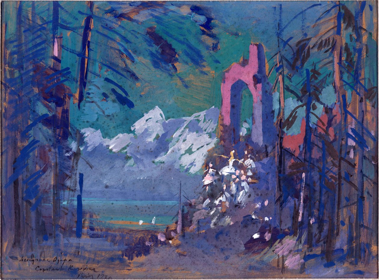 Forberedende indretning til balletten ""Svanesøen"" af Piotr Tchaikovsky (1840-1893). Værk af Konstantin Alexeyevich Korovin (Constantin Korovin) (1861-1939), akvarel på pap af Konstantin Alekseevich Korovin