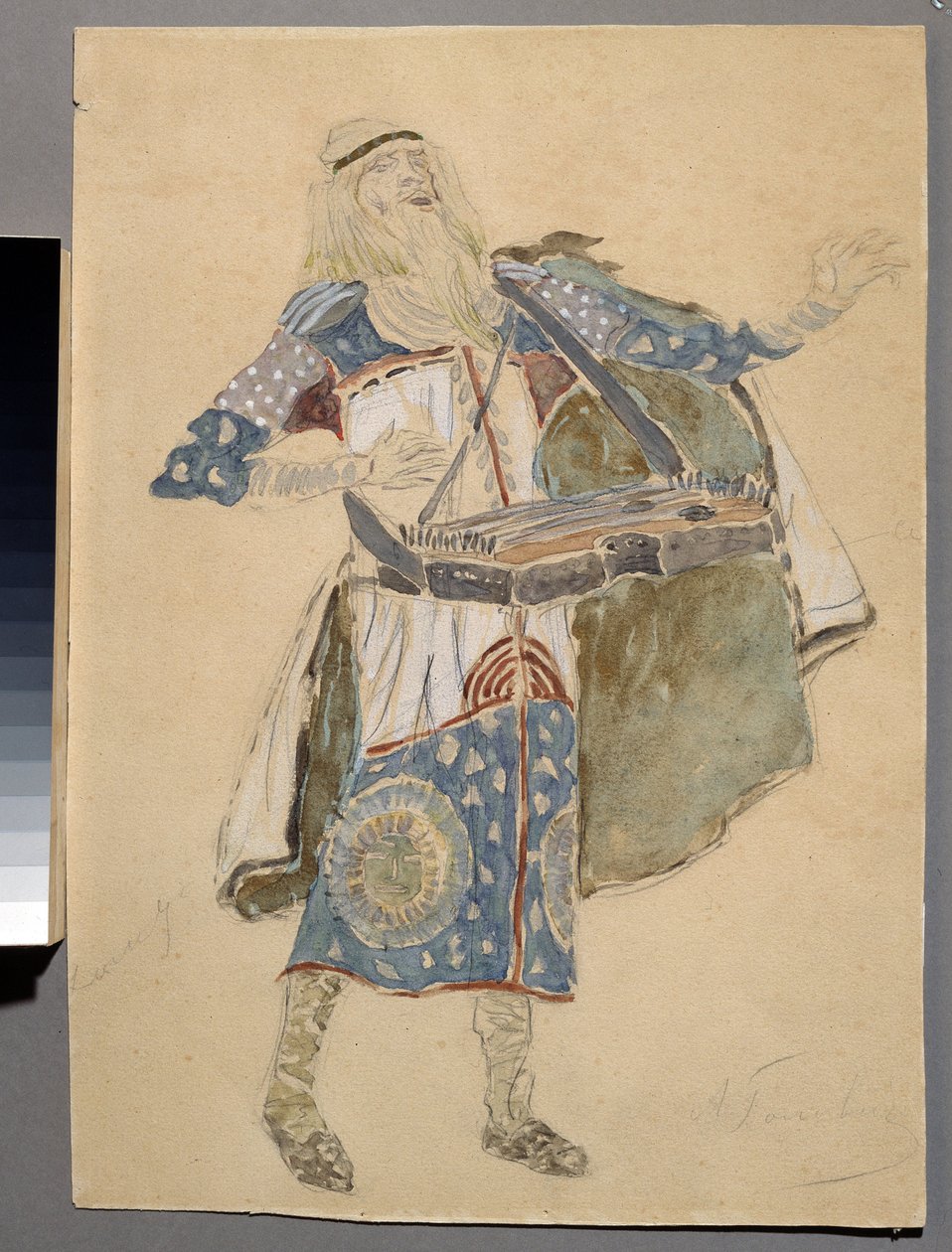Kostumedesign til operaen "Ruslan og Lyudmila" af Mikhail Igor Glinka (1804-1857) (Kostumedesign til operaen Ruslan og Lyudmila af M. Glinka). Kostume af en musiker. Værk af Konstantin Alexeyevich Korovin (Constantin Korovin) (1861-1939), aqu. af Konstantin Alekseevich Korovin