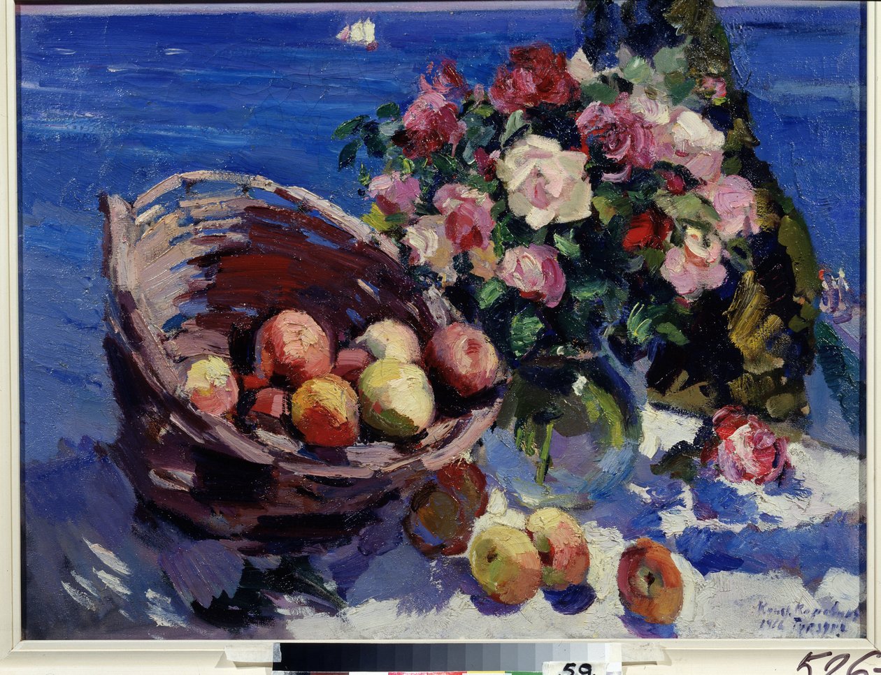 Gurzuf, Ukraine (Gurzuf). Stilleben af ​​blomster og frugter nær havet. Maleri af Konstantin Alexeyevich Korovin (Constantin Korovin) (1861-1939), olie på lærred af Konstantin Alekseevich Korovin