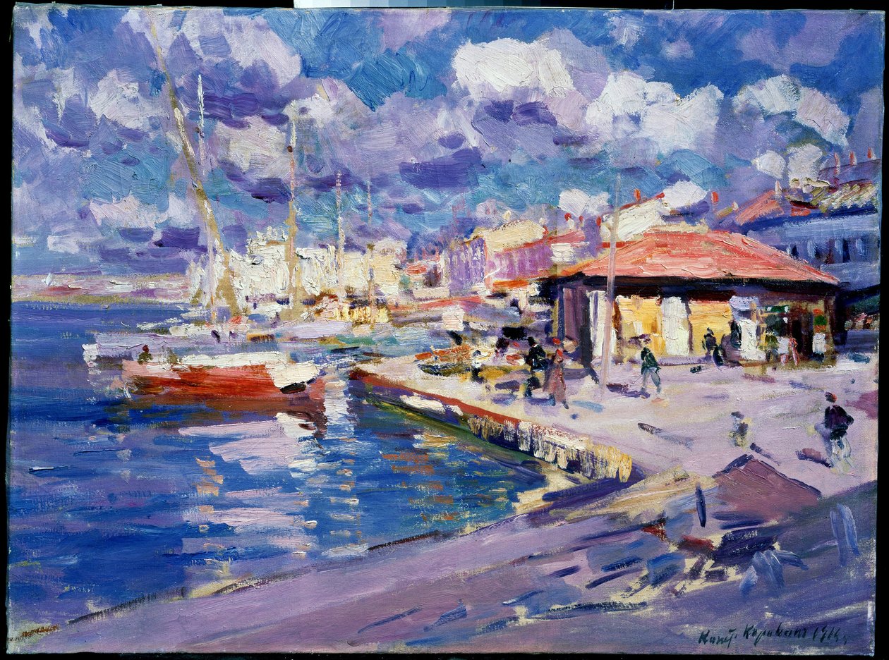 Fishing Bay i Sevastopol (Ukraine) (Fishing Bay, Sevastopol). Udsigt til kajen, hvor bådene, vandrere og bygninger ligger fortøjet under solen. Maleri af Konstantin Alexeyevich Korovin (Constantin Korovin) (1861-1939), olie på lærred af Konstantin Alekseevich Korovin