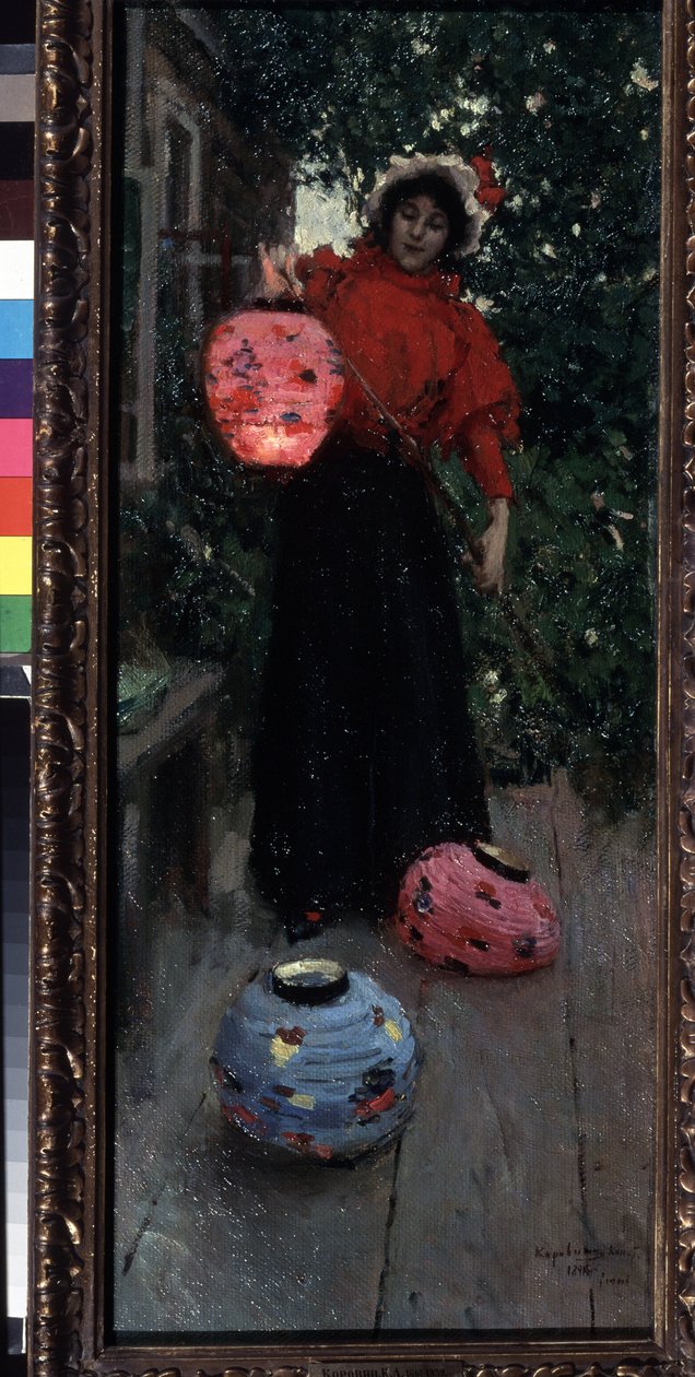 Kinesiske lanterner (kinesiske lanterner). En kvinde tænder og installerer papirlanterner (lampioner) på verandaen om aftenen. Maleri af Konstantin Alexeyevich Korovin (Constantin Korovin) (1861-1939), olie på lærred af Konstantin Alekseevich Korovin