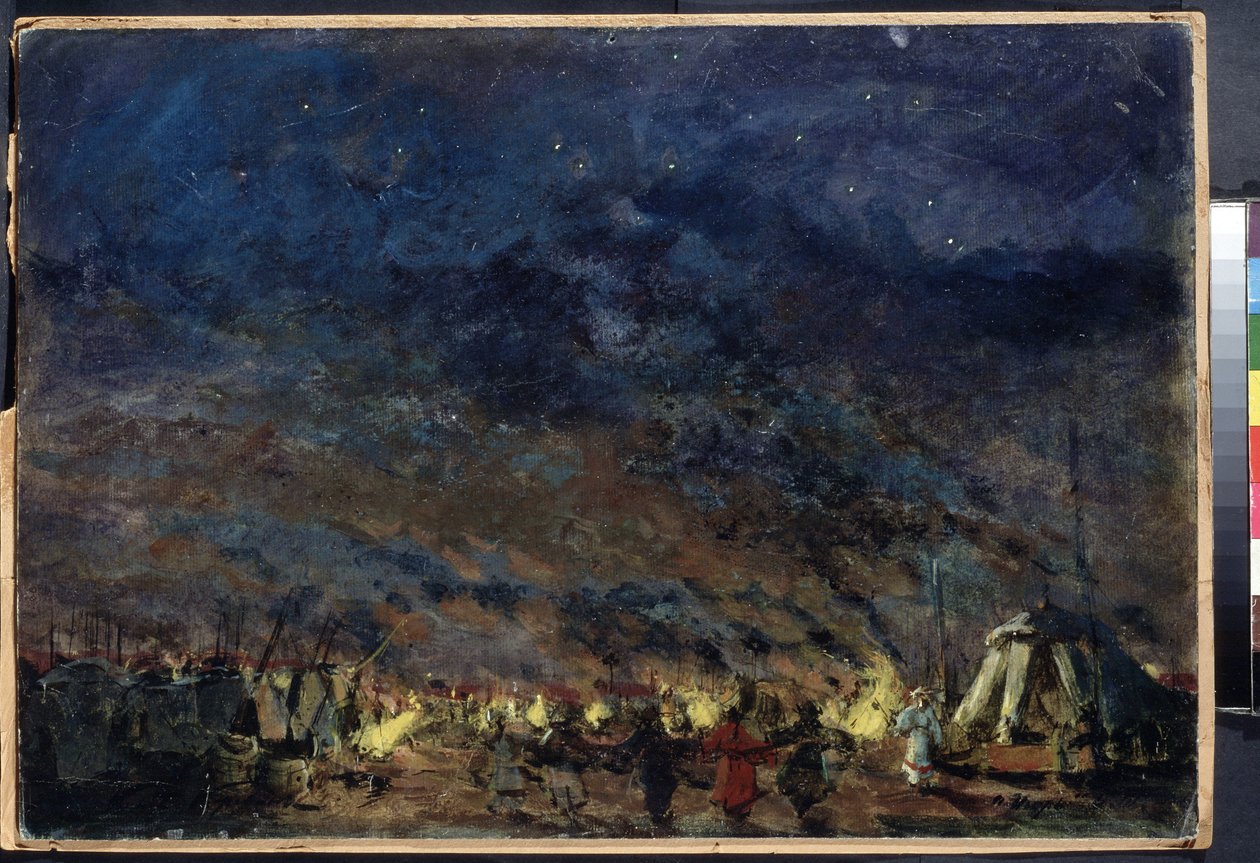 The Polovtsian Camp, Scene Design for Opera Prince Igor af Alexander Borodin - (The Polovtsian Camp - Scenic Design for the Opera Prince Igor af Alexander Borodin) - Under en stjernehimmel indrammer lejrens telte lysene, i af Konstantin Alekseevich Korovin