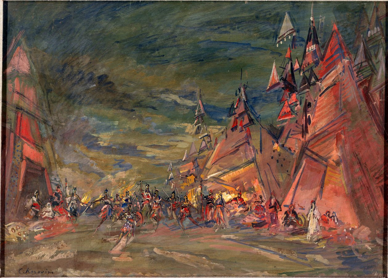 Militærlejren for Polovtsianerne (eller Couman, Kuman). Forberedende indretning til operaen ""Prins Igor"" af Alexandre Borodin (Borodin) (1833-1887). Værk af Konstantin Alexeyevich Korovin (Constantin Korovin) (1861-1939), olie på pap af Konstantin Alekseevich Korovin