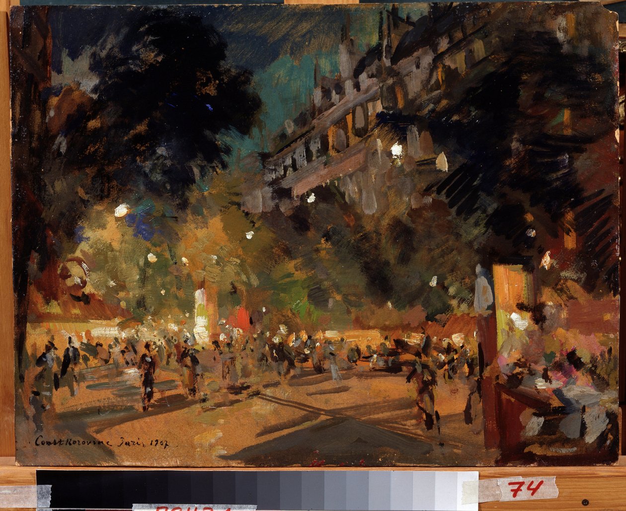 Paris, Frankrig (Paris). Beskrivelse af Boulevard Montmartre og dens animation en sommeraften. Maleri af Konstantin Alexeyevich Korovin (Constantin Korovin) (1861-1939), olie på lærred af Konstantin Alekseevich Korovin