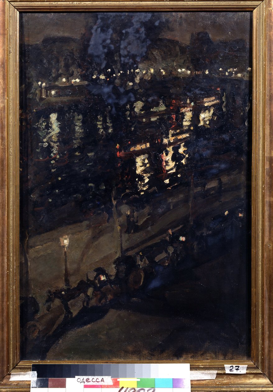 Paris om natten (Paris om natten). Udsigt over Seines kajer, med en hestevogn, og byens lys, der reflekterer på vandoverfladen. Maleri af Konstantin Alexeyevich Korovin (Constantin Korovin) (1861-1939), olie på lærred, russisk kunst af Konstantin Alekseevich Korovin