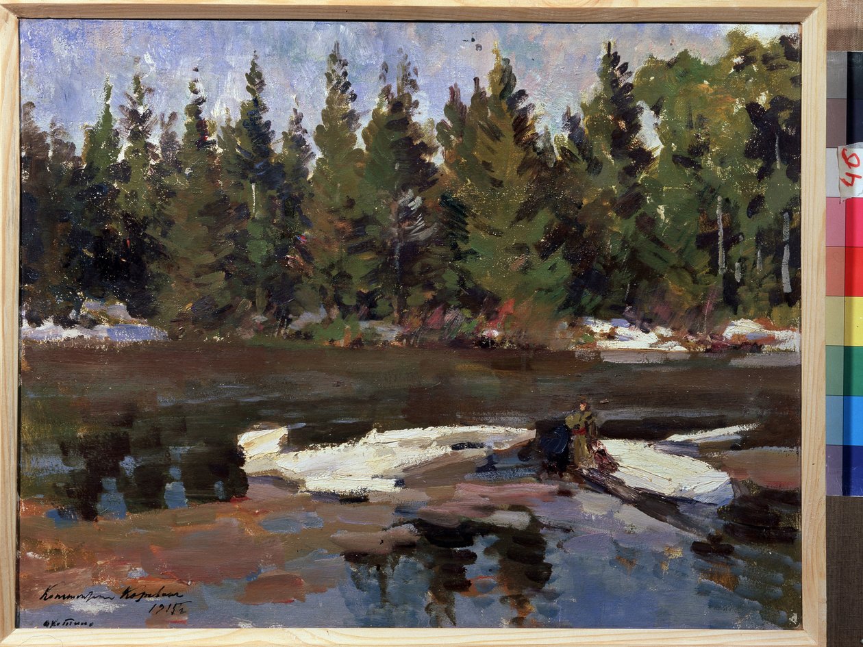 Forår (Forår). Landskab, bredden af ​​en flod i skoven. Maleri af Konstantin Alexeyevich Korovin (Constantin Korovin) (1861-1939), olie på lærred af Konstantin Alekseevich Korovin