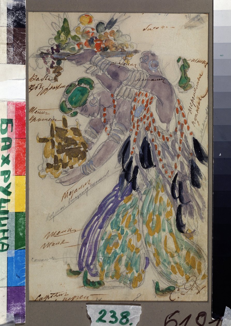 Kostumedesign til balletten Raimonda af Alexandre (Alexander) Glazunov (Glazounov eller Glazunoff eller Glazunow) (1865-1936) (Kostumedesign til balletten Raimonda af A. Glazunov). Frugtbærere. Kunstværk af Konstantin Alexeyevich Korovin (Constantin K af Konstantin Alekseevich Korovin