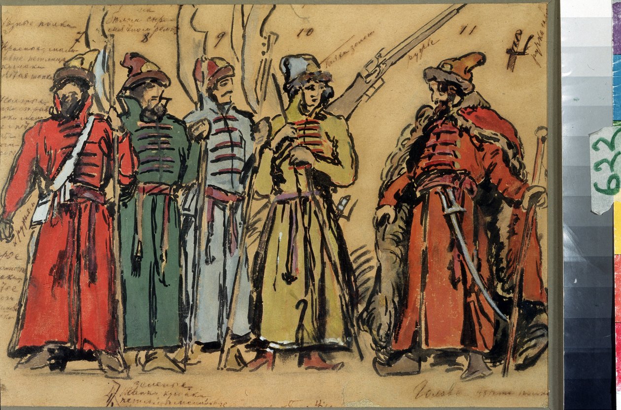 Kostumedesign til operaen Khovanshchina eller Khovansky-prinserne af Modeste Mussorgsky (1839-1881) (Kostumedesign til operaen Khovanshchina af M.Musorgsky). Værk af Konstantin Alexeyevich Korovin (Constantin Korovin) (1861-1939), akvarel, go af Konstantin Alekseevich Korovin