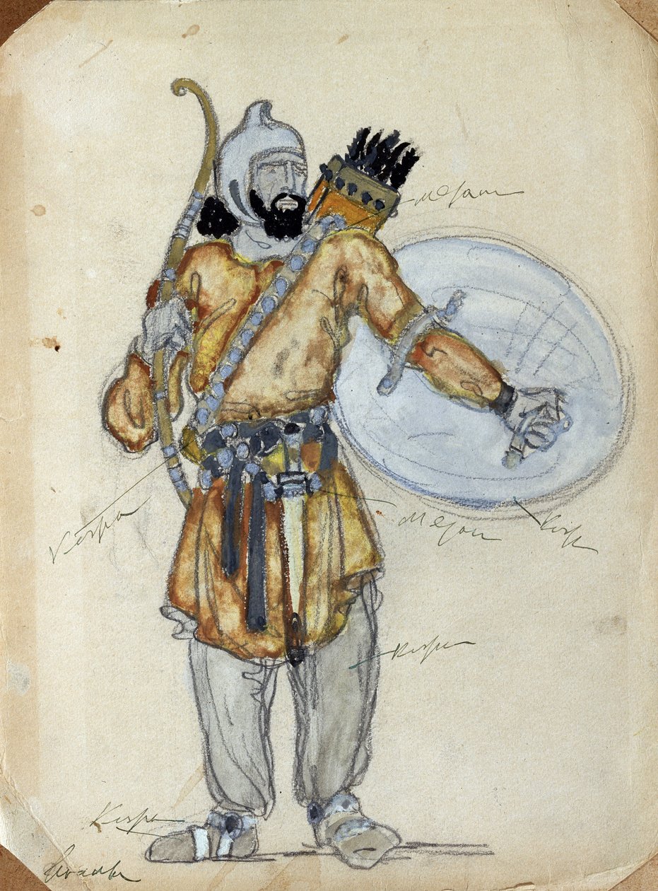 Kostumedesign til operaen Prince Igor af Alexander Borodin (1833-1887) (Kostumedesign til operaen Prince Igor af A. Borodin). Værk af Konstantin Alexeyevich Korovin (Constantin Korovin) (1861-1939), akvarel og gouache på papir af Konstantin Alekseevich Korovin