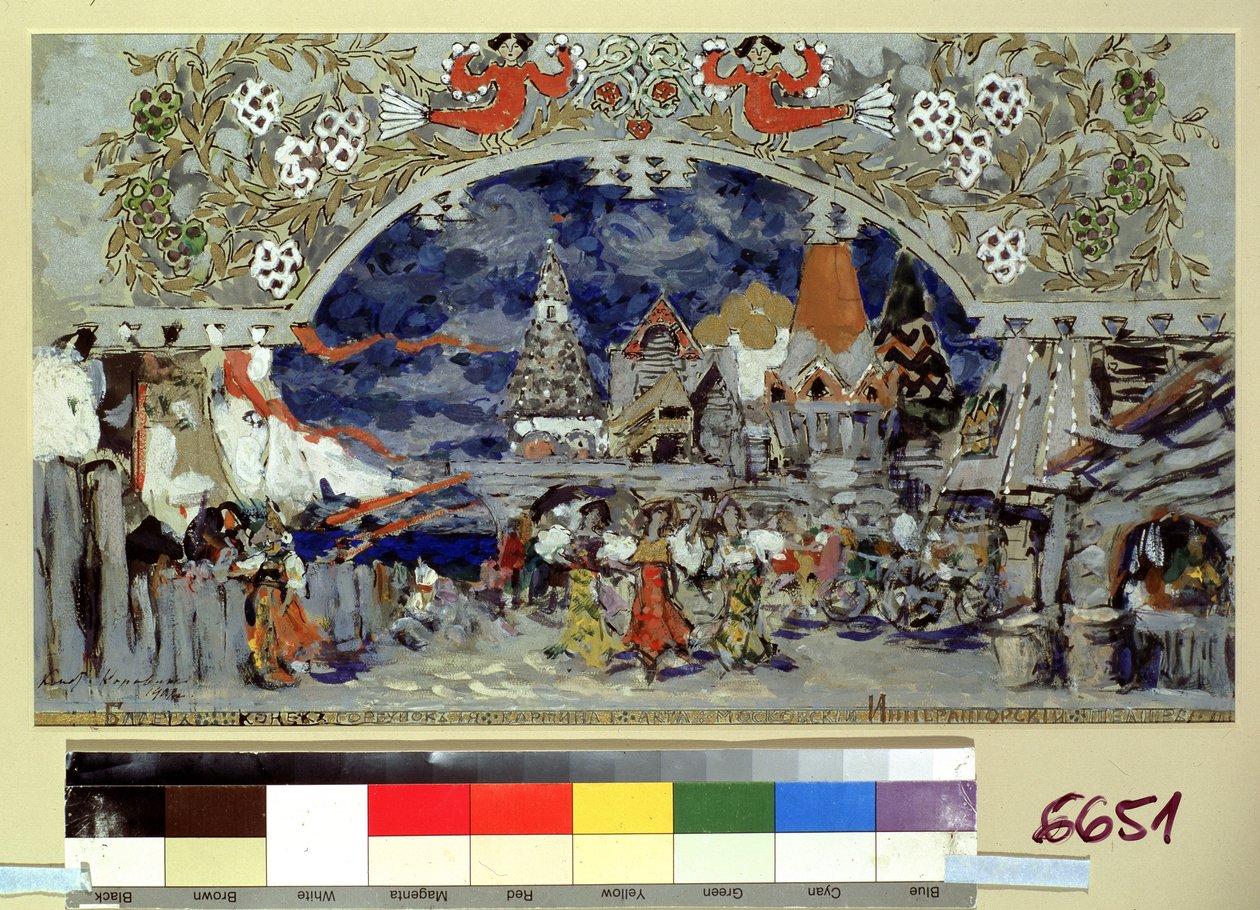 Scenografi til balletten Den lille pukkelryggede hest af Cesare Pugni (Scenedesign til balletten Den lille pukkelryggede hest af C. Pugni). Værk af Konstantin Alexeyevich Korovin (Constantin Korovin) (1861-1939), gouache, guld og sølv på pap af Konstantin Alekseevich Korovin