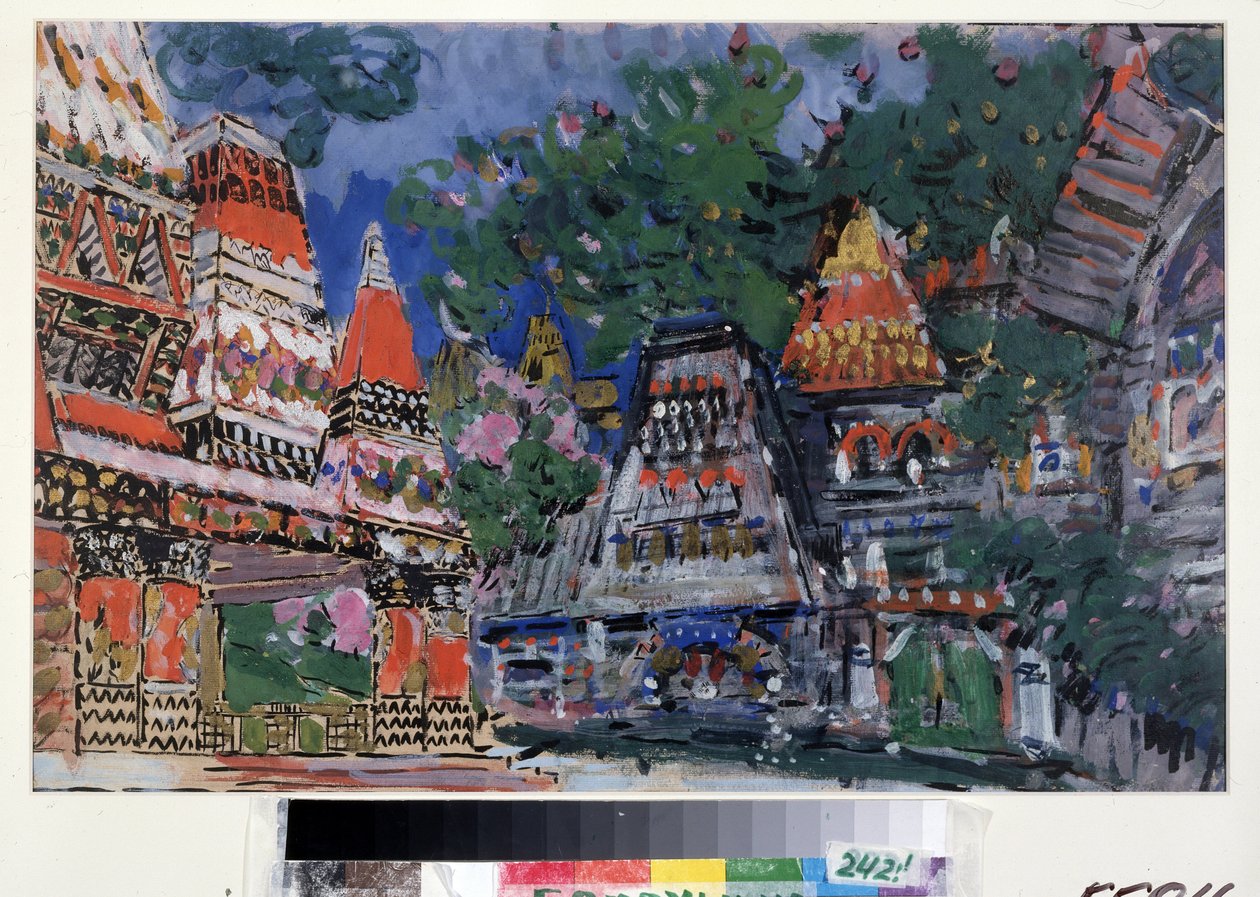 Kulisseprojekt for operaen Den Gyldne Hane af Nicholas (Nikolai) Rimsky Korsakov (Rimsky-Korsakov) (1844-1908) (Scenedesign til operaen Den Gyldne Hane af N. Rimsky Korsakov (Rimsky-Korsakov). Udsigt over træbygninger i levende farver.Oeuvre de Kons af Konstantin Alekseevich Korovin