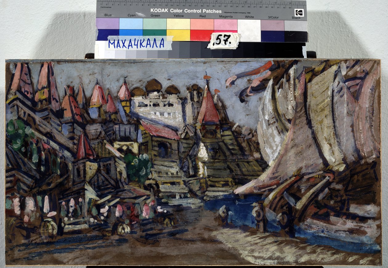Scenedesign til Operaen Sadko af Nicolas (Nikolai) Rimsky Korsakov (Rimsky-Korsakov) (1844-1908) (Scenedesign til Operaen Sadko af N. Rimsky Korsakov (Rimsky-Korsakov). Beskrivelse af en by og træbygninger bygget på en kaj hvor er am af Konstantin Alekseevich Korovin