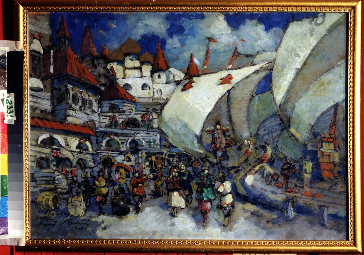 Scenedesign til Operaen Sadko af Nicolas (Nikolai) Rimsky Korsakov (Rimsky-Korsakov) (1844-1908) (Scenedesign til Operaen Sadko af N. Rimsky Korsakov (Rimsky-Korsakov). Beskrivelse af en by og træbygninger bygget på en animeret kaj el af Konstantin Alekseevich Korovin