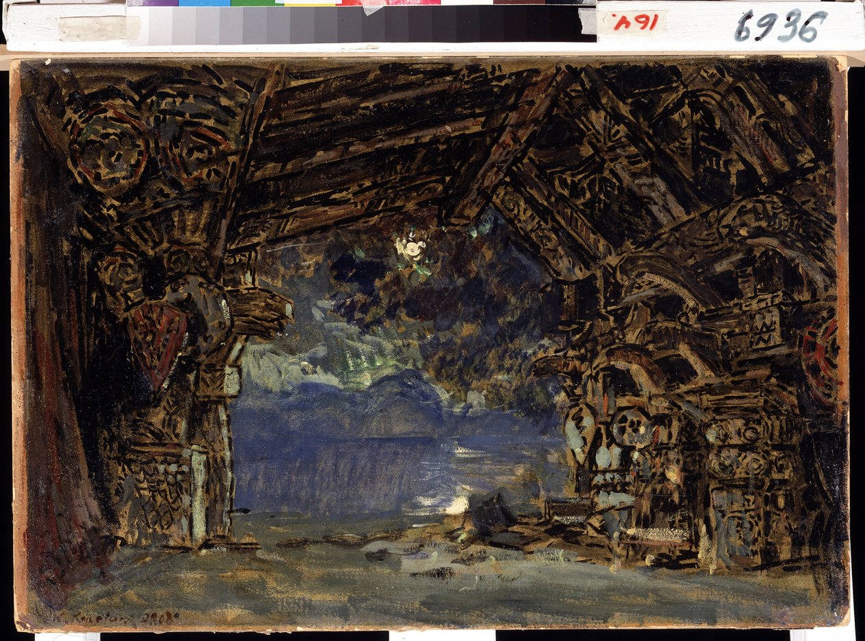 Scenografi til operaen Twilight of the Gods af Richard Wagner. (Scenedesign til operaen The Twilight of the Gods af R. Wagner). Værk af Konstantin Alexeyevich Korovin (Constantin Korovin) (1861-1939), tempera på pap af Konstantin Alekseevich Korovin