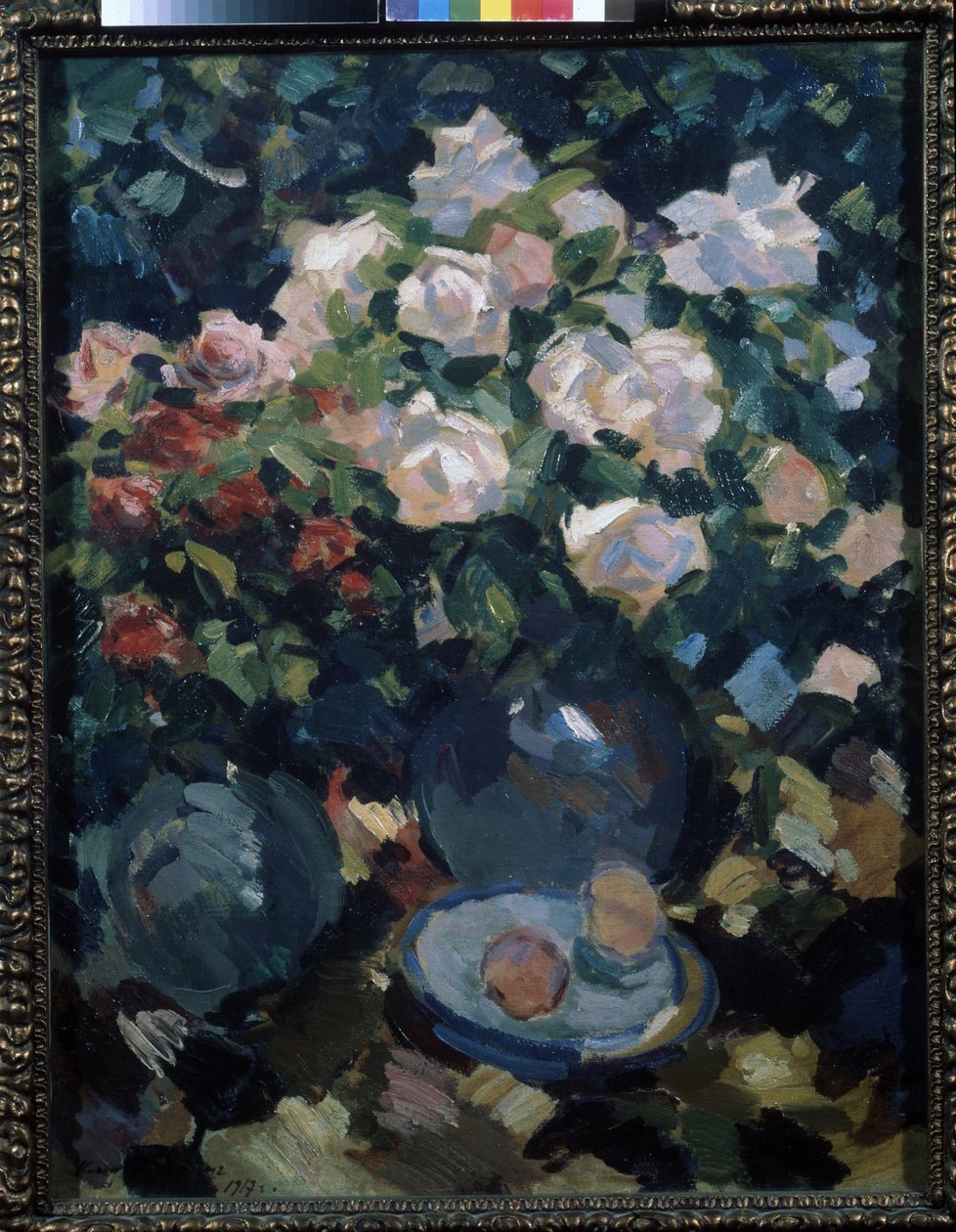 Roser i en blå kande. Maleri af Konstantin Alexeyevich Korovin (Constantin Korovin) (1861-1939), olie på lærred af Konstantin Alekseevich Korovin