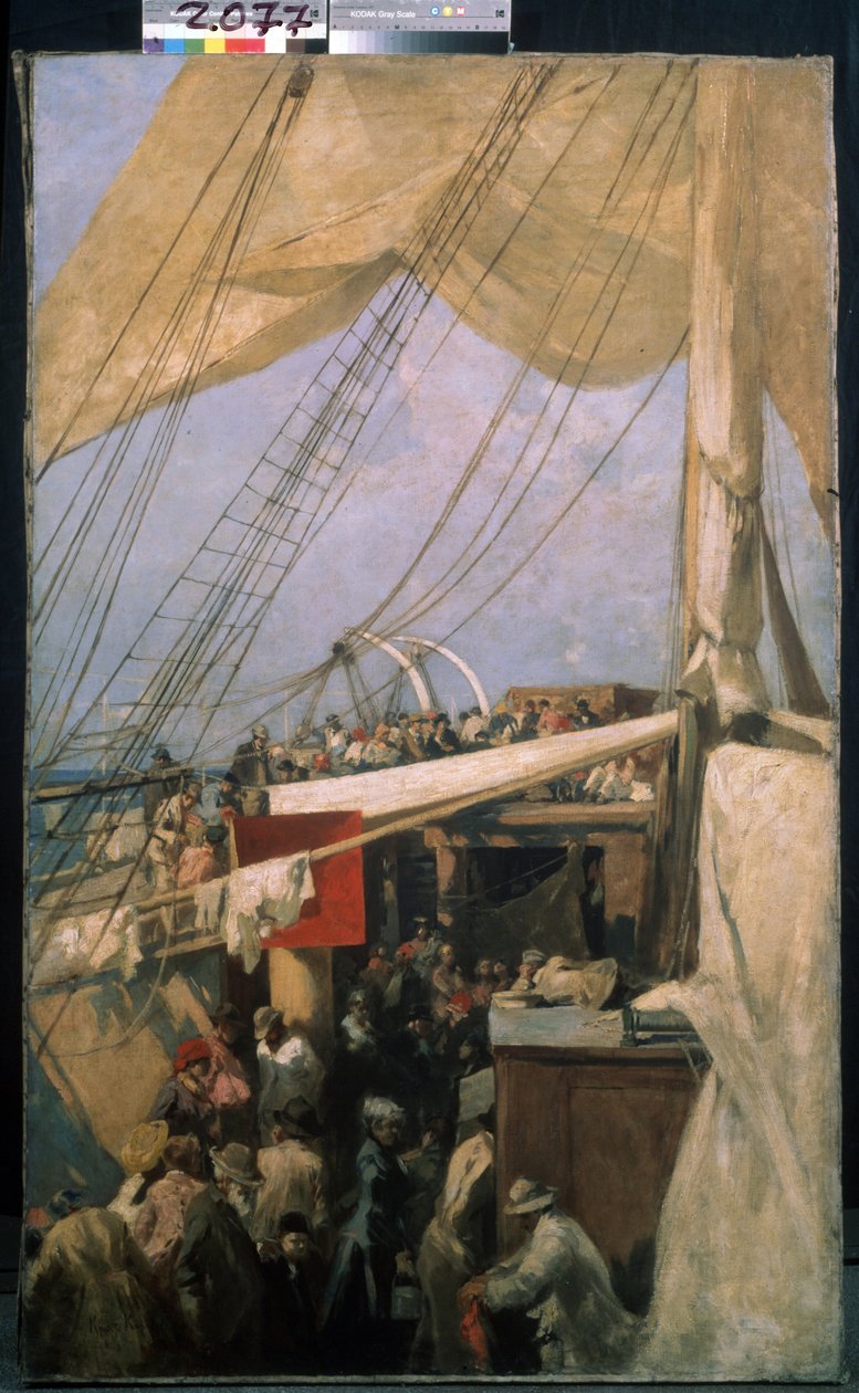 På dækket (På dækket). Beskrivelse af mængden af ​​passagerer på dækket af et skib. Maleri af Konstantin Alexeyevich Korovin (Constantin Korovin) (1861-1939), olie på lærred, ca. 1880. Russisk kunst slutningen af ​​det 19. århundrede. Statens Tretyakov-gal af Konstantin Alekseevich Korovin
