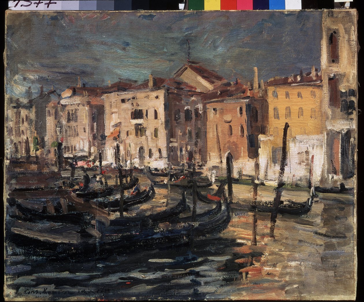 Venedig (Italien) (Venedig). Canal Grande i lagunen i Venedig, med kajer, gondoler og bygninger oplyst af solens hårde lys. Maleri af Konstantin Alexeyevich Korovin (Constantin Korovin) (1861-1939), olie på lærred af Konstantin Alekseevich Korovin