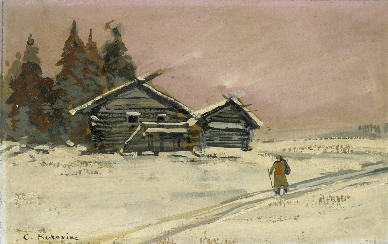 Vinterlandskab med to træhytter (kropsfarve og olie på bord, monteret som tegning) af Konstantin Alekseevich Korovin