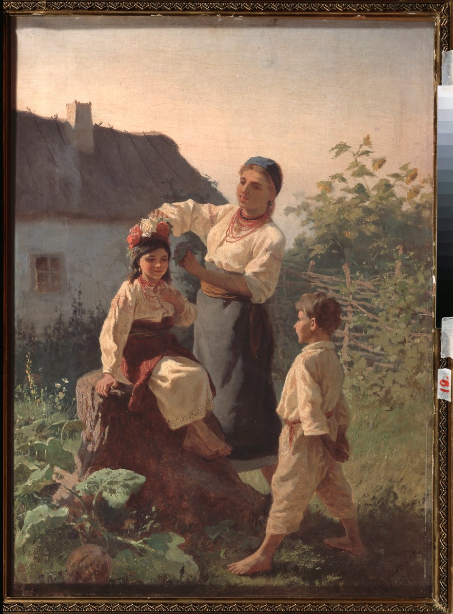 Binding a Garland - Maleri af Konstantin Alexandrovich Trutovsky (Troutovsky) (1826-1893), olie på lærred af Konstantin Alexandrovich Trutovsky