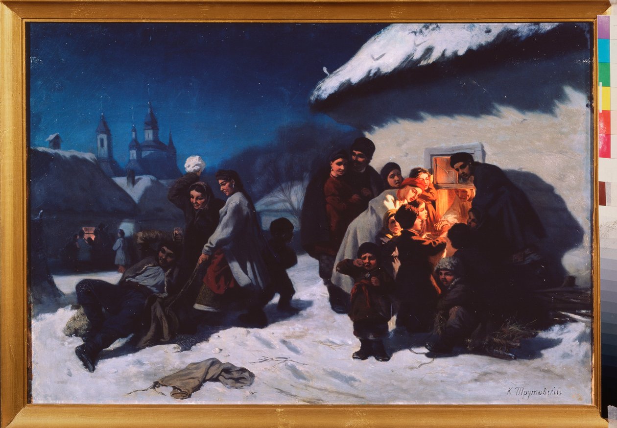 Le cantique de Noel en Ukraine (Julesangen i Ukraine) - Maleri af Konstantin Alexandrovich Trutovsky (Troutovsky) (1826-1893), olie på lærred af Konstantin Alexandrovich Trutovsky