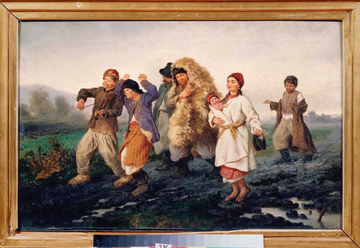 The Return From The Fair (En beruset, fattig bondefamilie går ned ad en mudret vej, synger og danser) - The Return From The Fair - Maleri af Konstantin Alexandrovich Trutovsky (Troutovsky) (1826-1893), olie på lærred af Konstantin Alexandrovich Trutovsky