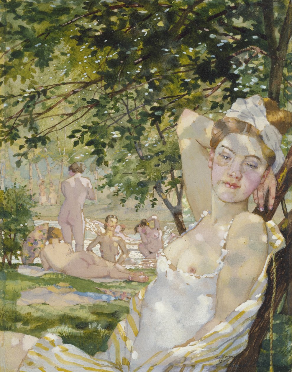 Badende i solen, 1930 (akvarel og kropsfarve på papir) af Konstantin Andreevic Somov
