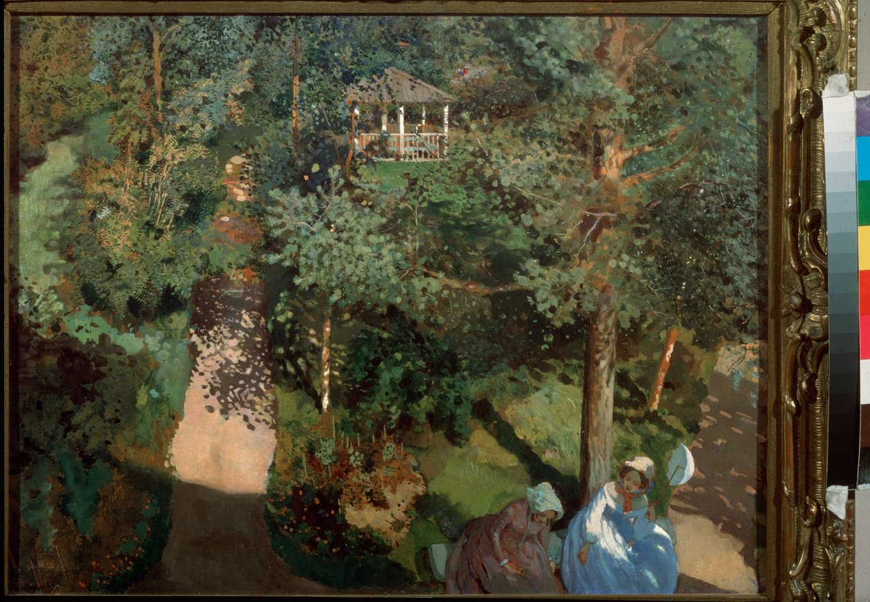 Betroelser. (To kvinder på en bænk, i en park med træer.) Maleri af Konstantin (Constantin) Andreyevich Somov (1869-1939), olie på pap af Konstantin Andreevic Somov