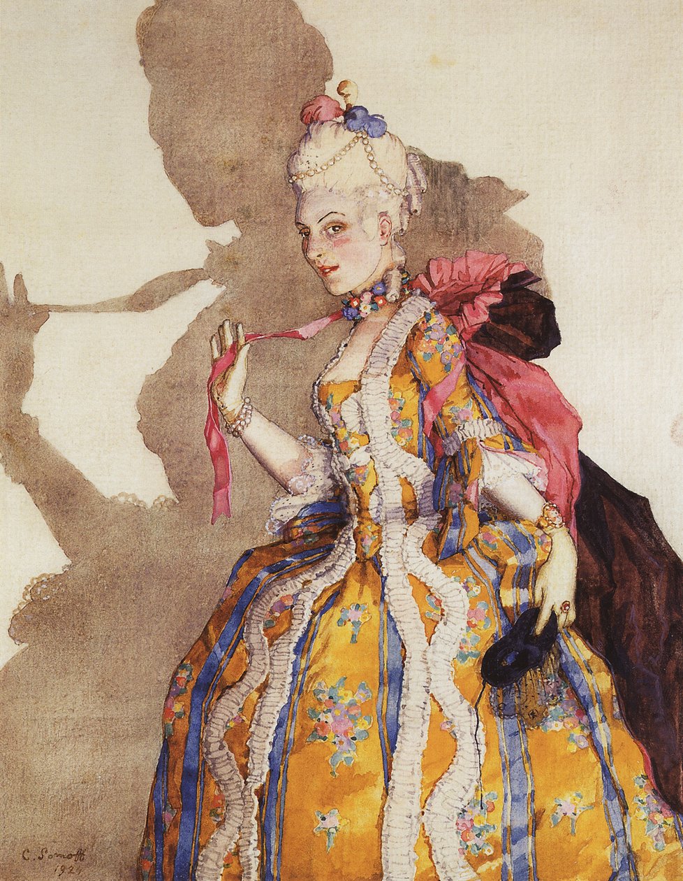 Costume pour Marquise, fortolker af Tamara Karsavina (1885-1978) - Kostumedesign til Tamara Karsavina som Marquise. Musik af Mozart - Konstantin Andreyevich Somov (1869-1939). Akvarel, Gouache på papir af Konstantin Andreevic Somov