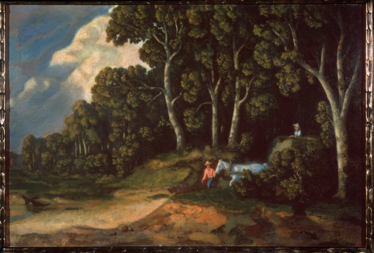 I en skov. (Bønder, der fører en høvogn, kommer ud af skovstien) Maleri af Konstantin (Constantin) Andreyevich Somov (1869-1939), olie på lærred. russisk kunst af Konstantin Andreevic Somov
