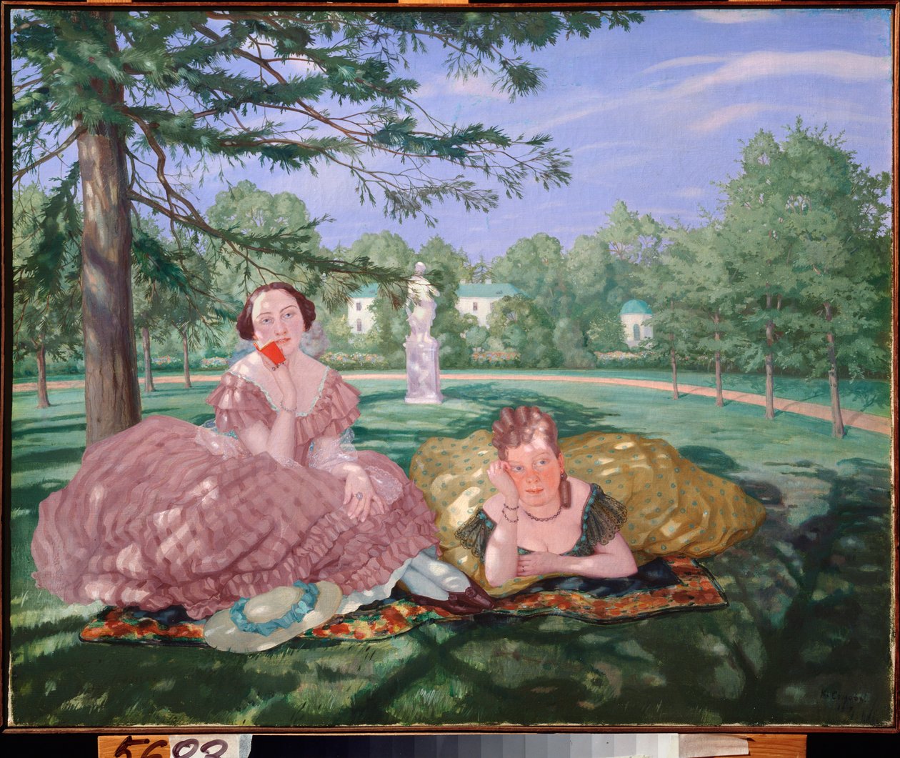 Two Ladies in a Park - Maleri af Konstantin (Constantin) Andreyevich Somov (1869-1939), olie på lærred af Konstantin Andreevic Somov