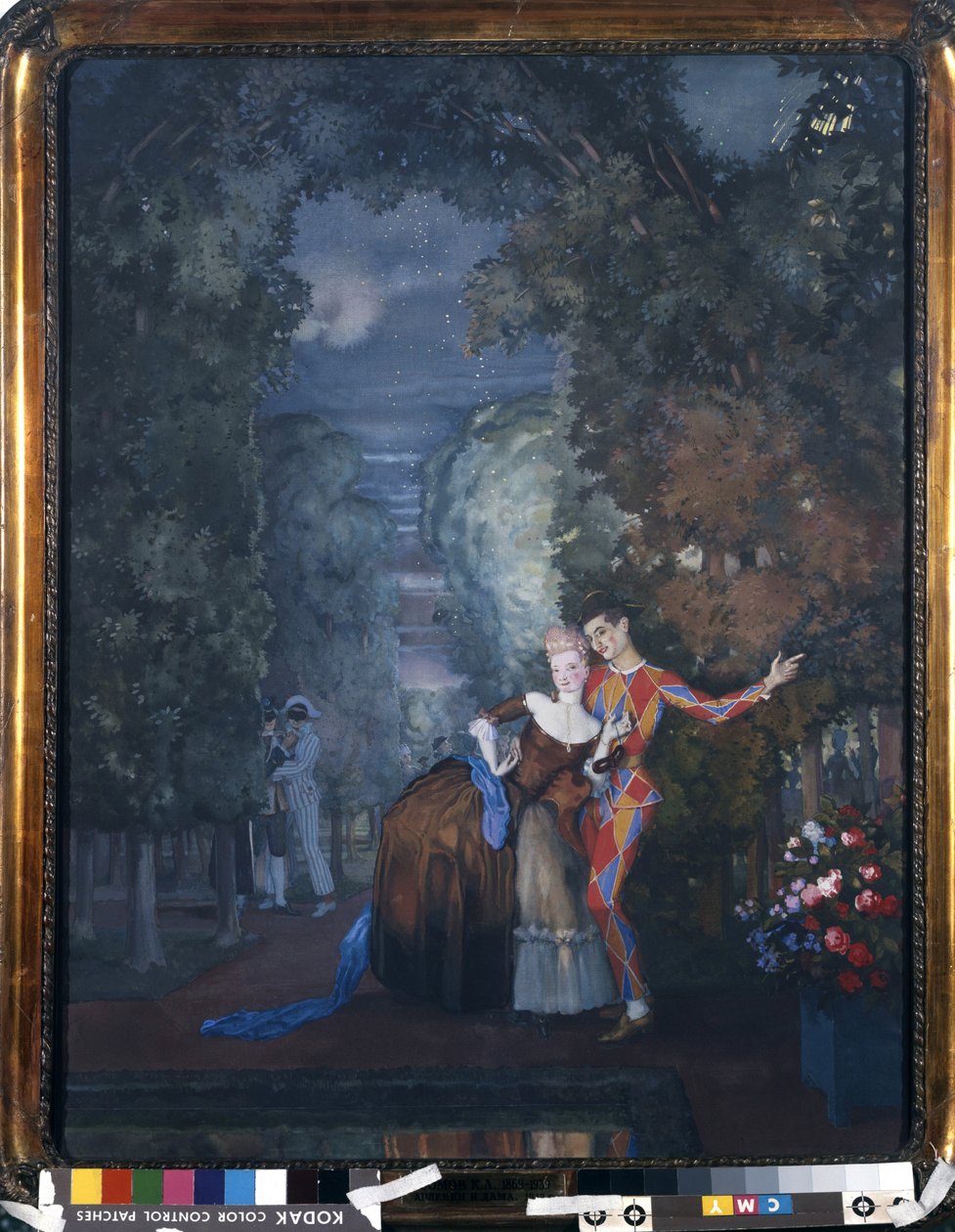 Harlekin og en dame, 1912 (wc og gouache på karton) af Konstantin Andreevic Somov