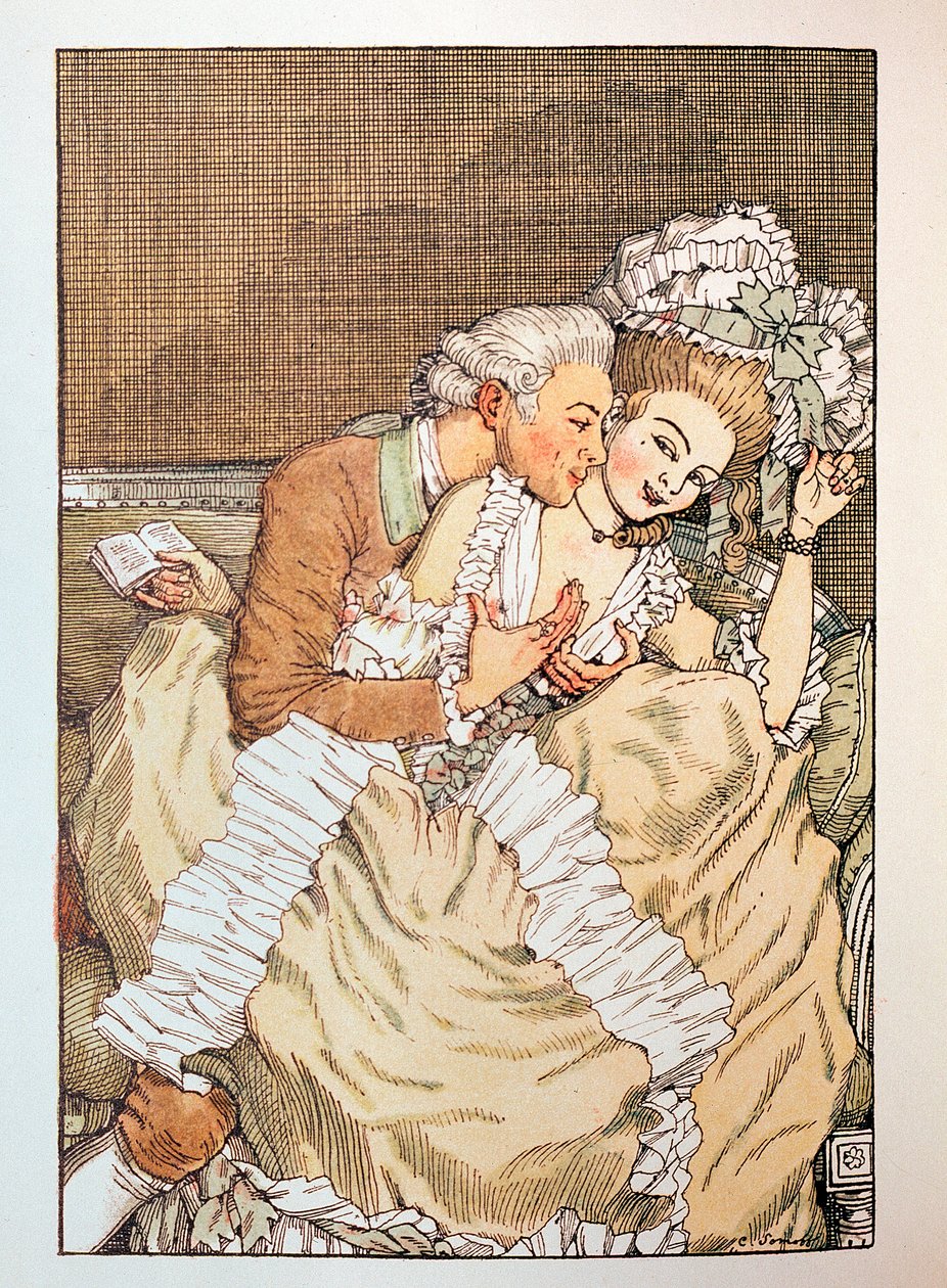 Illustration til ""Le Livre de la Marquise"" af Franz Blei (Illustration til Marquisebogen af ​​Franz Blei) (en marchionesse drillerier med en utålmodig elsker) - Værk af Konstantin (Constantin) Andreyevich Somov (1869-1939), radering af Konstantin Andreevic Somov