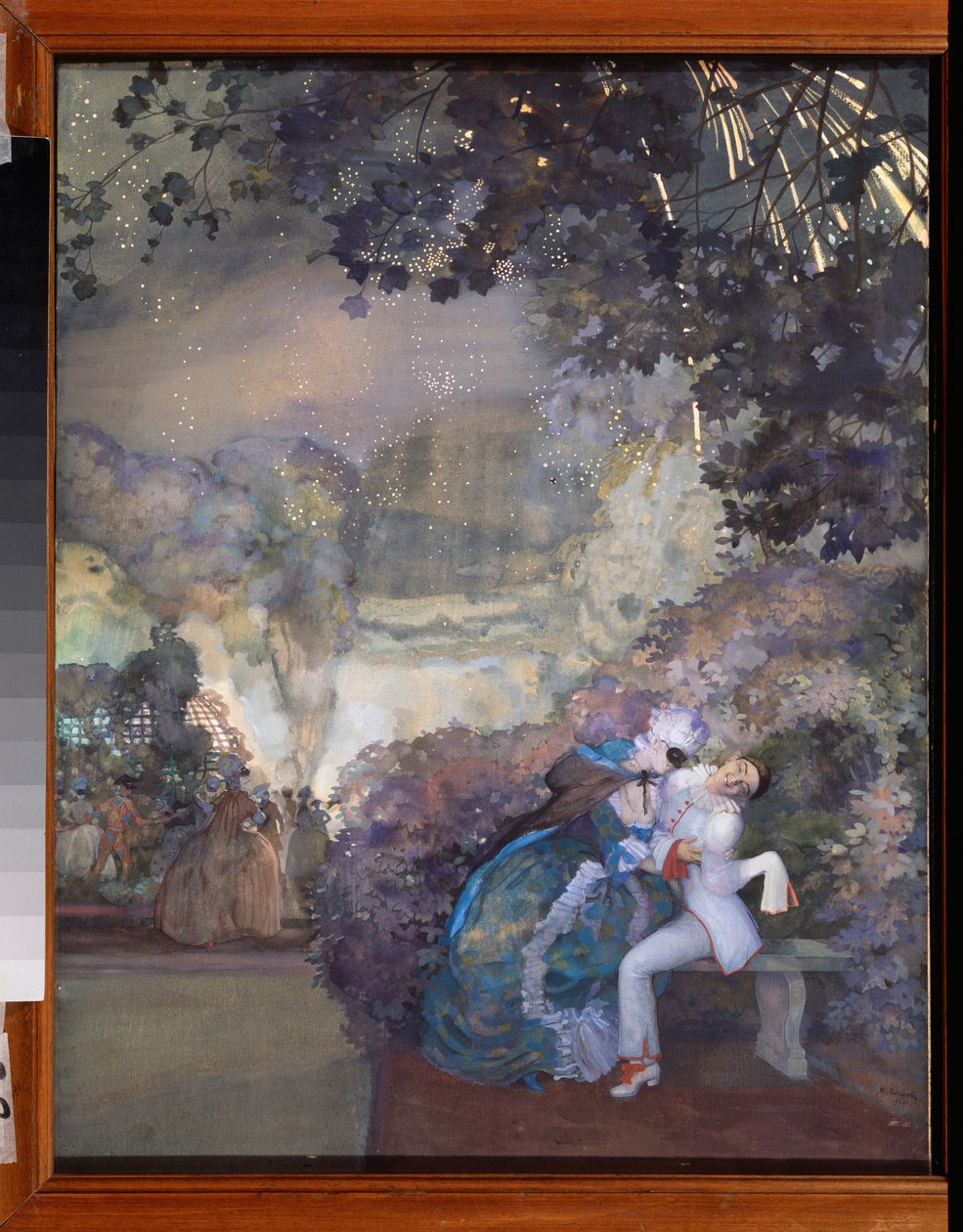 Pjerrot og en kvinde. (Flirter ved maskeradebal). Værk af Konstantin (Constantin) Andreyevich Somov (1869-1939), gouache på papir af Konstantin Andreevic Somov