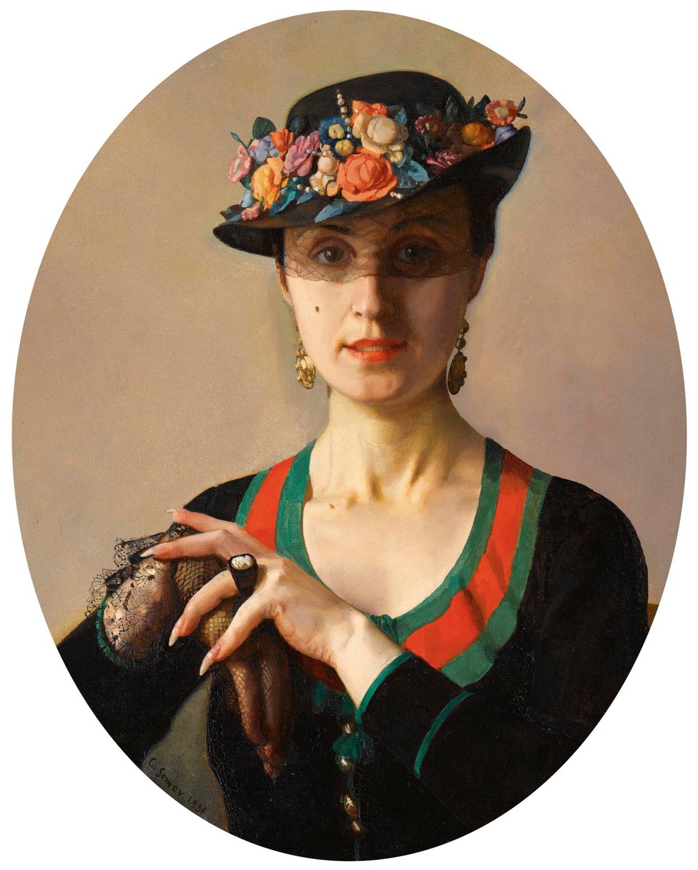 ""Portrait of a Lady" (Portrait of a Lady) Hun er iført en blomstret hat med slør Maleri af Konstantin Somov (1869-1939) af Konstantin Andreevic Somov