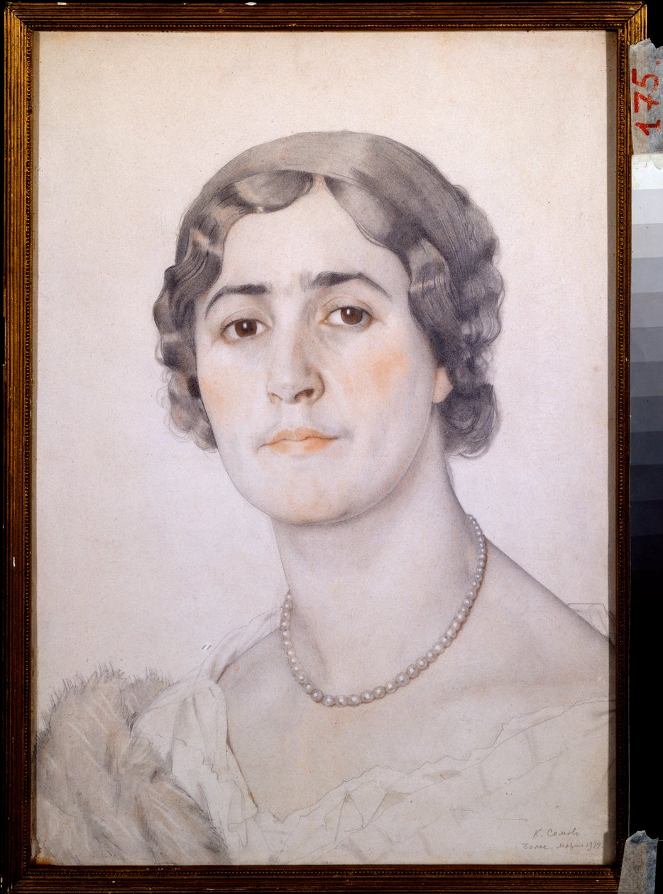 Portræt af skuespillerinden D G Karysheva (?) (Portræt af skuespillerinden D G Karysheva) - Værk af Konstantin (Constantin) Andreyevich Somov (1869-1939), akvarel, sangvin og pastel på papir af Konstantin Andreevic Somov
