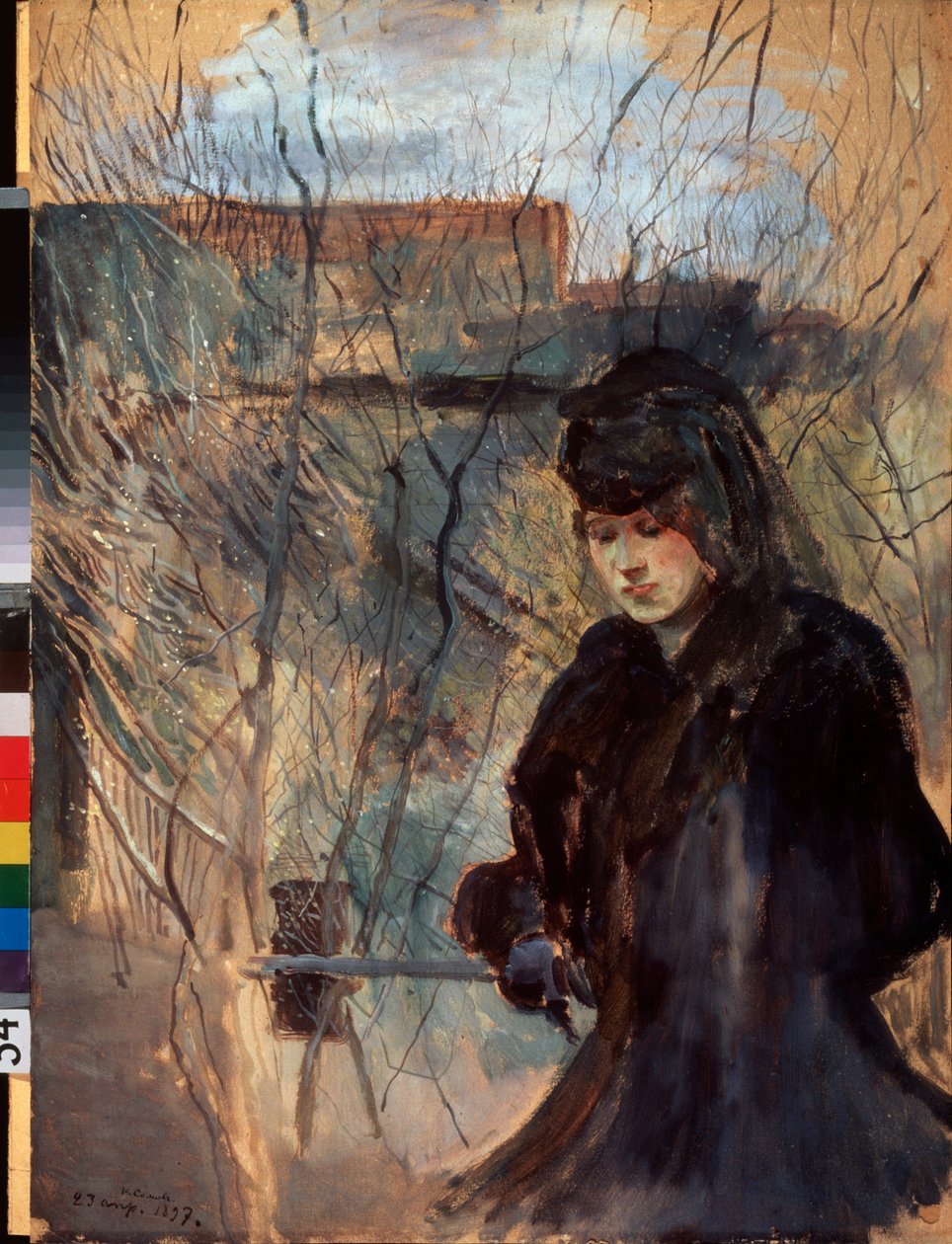 Printemps (Forår) (En kvinde klædt i sort, ser melankolsk ud og kigger ned, lænet op på en tynd barriere) - Værk af Konstantin (Constantin) Andreyevich Somov (1869-1939), akvarel og gouache på pap af Konstantin Andreevic Somov