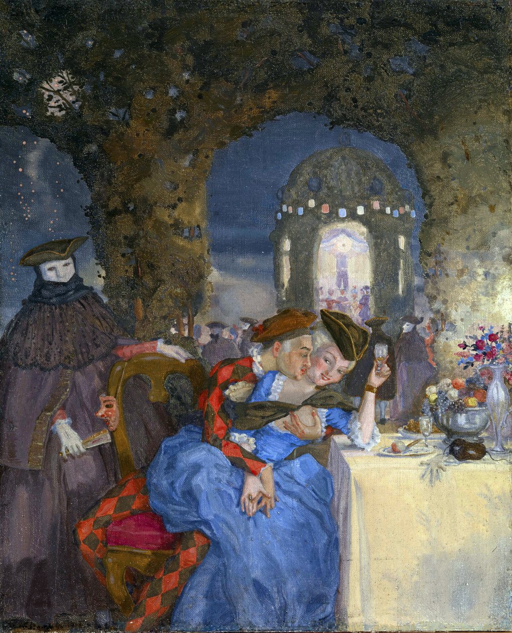 ""Rendez-vous"" Et par drillerier til en sommerfest under maskerede karakterers blik Maleri af Konstantin Somov (1869-1939) - ca. 1918 - Olie på lærred Dim 27x22 cm Privat samling af Konstantin Andreevic Somov