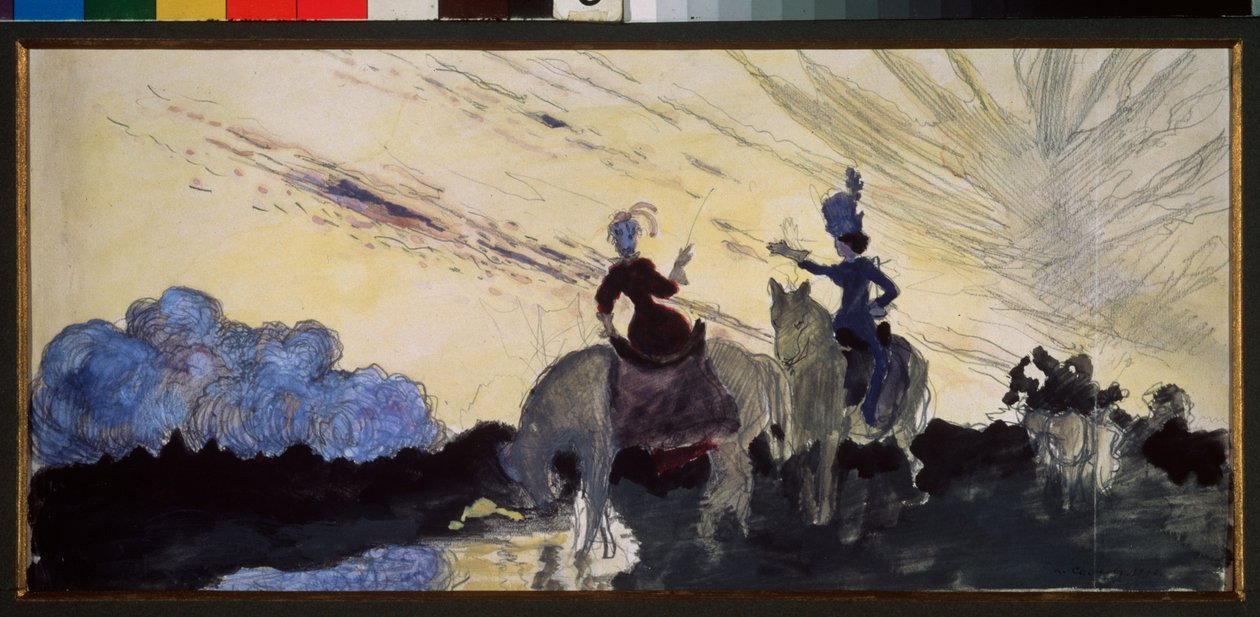En gåtur. (To ryttere observerer himlen og landskabet). Værk af Konstantin (Constantin) Andreyevich Somov (1869-1939), blyant og gouache på papir af Konstantin Andreevic Somov