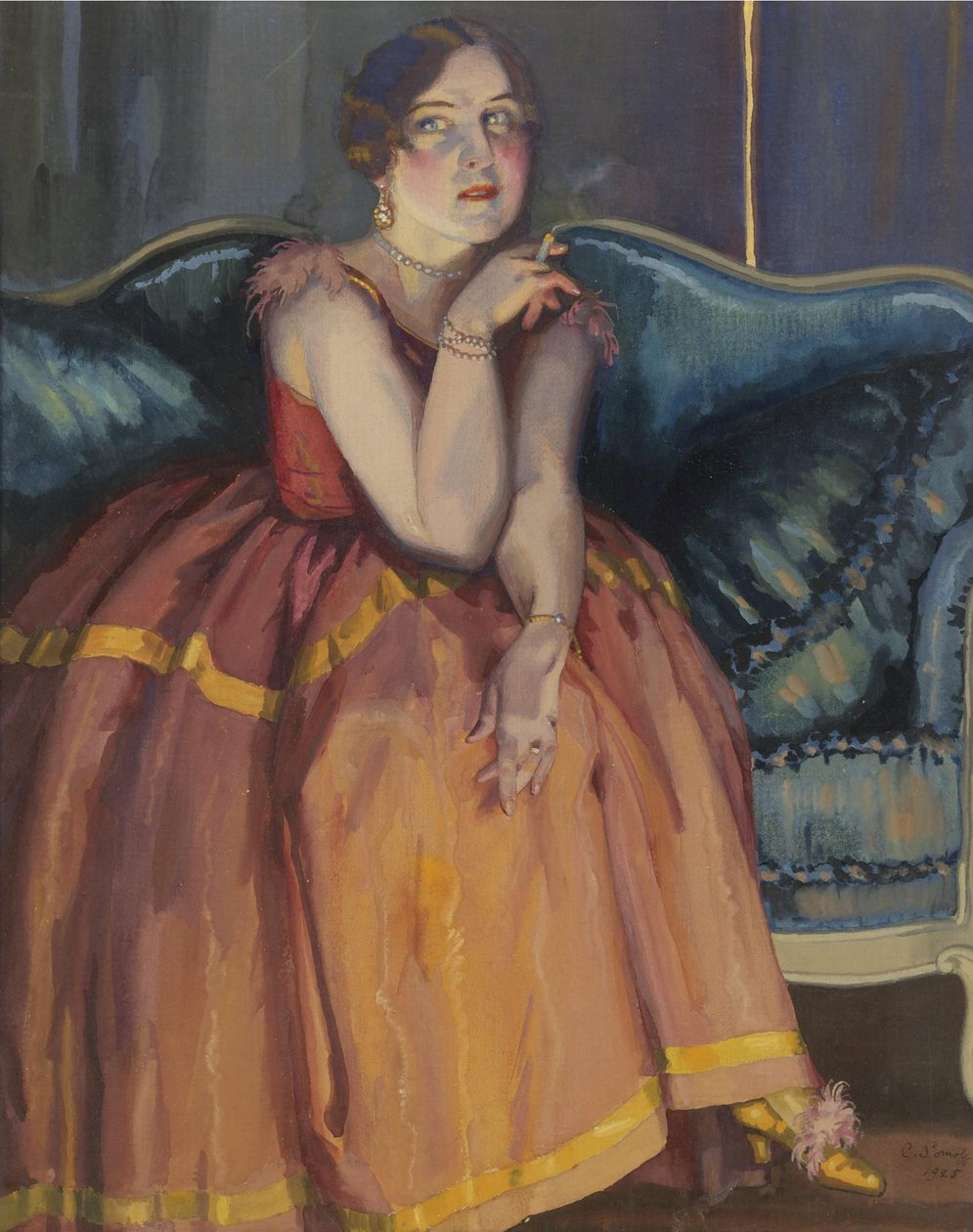 Kvinde ryger en cigaret på en sofa af Konstantin Andreevic Somov