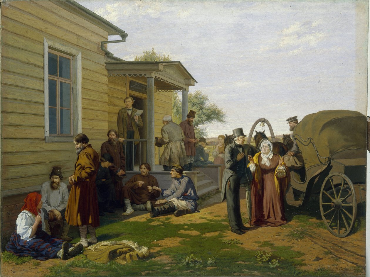 Fredsdommeren. Opbygning af domstolen i det russiske landskab, bønder venter, mens de chatter, advokater har travlt. Maleri af Konstantin Apollonovich Savitsky (1844-1905), olie på lærred. 1800-tallet russisk kunst. Regi af Konstantin Apollonovich Savitsky