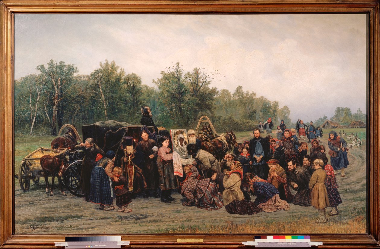 Ankomst af et ikon (På en landevej løber landsbyboere for at se og knæler foran maleriet, bragt af en ortodoks præst) - Maleri af Konstantin Apollonovich Savitsky (1844-1905) , olie på lærred af Konstantin Apollonovich Savitsky