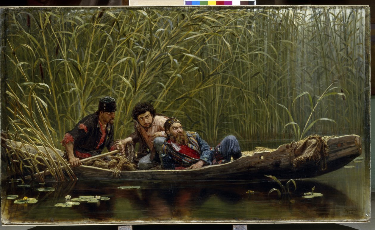 De snuskede mænd. Beskrivelse af tre smuglere, kriminelle diskret på udkig i en båd camoufleret mellem sivene. Maleri af Konstantin Apollonovich Savitsky (1844-1905), olie på lærred af Konstantin Apollonovich Savitsky