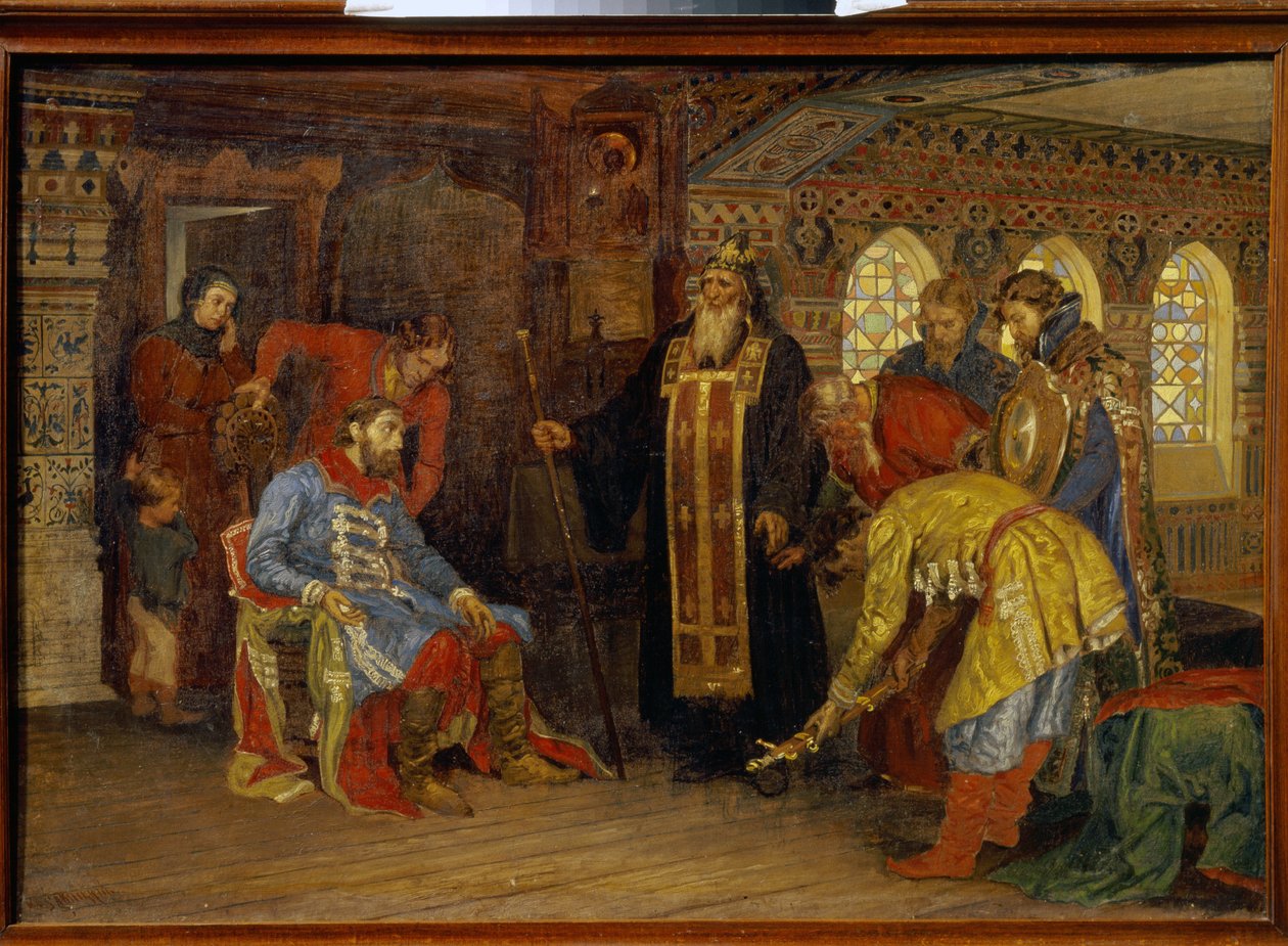 Prins Dmitrij Pozharskys (1577-1642) invitation til at kommandere hærene til befrielsen af ​​Moskva. (Invitationen af ​​prinsen Pozharsky til at regere over hære for befrielsen af ​​Moskva). Efter at have modtaget Irenarchus af Rostovs velsignelse, prins af Konstantin Apollonovich Savitsky
