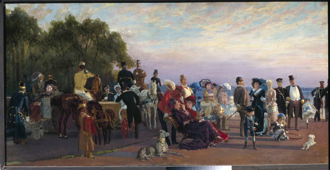 På spidsen af ​​Vasilievski Island, Strelka (Sankt Petersborg) (On the Split Of The Island, Strelka). Møde for aristokrater en sommeraften. Maleri af Konstantin Apollonovich Savitsky (1844-1905), olie på lærred, ca. 1870. Russisk kunst fra det 19. århundre af Konstantin Apollonovich Savitsky