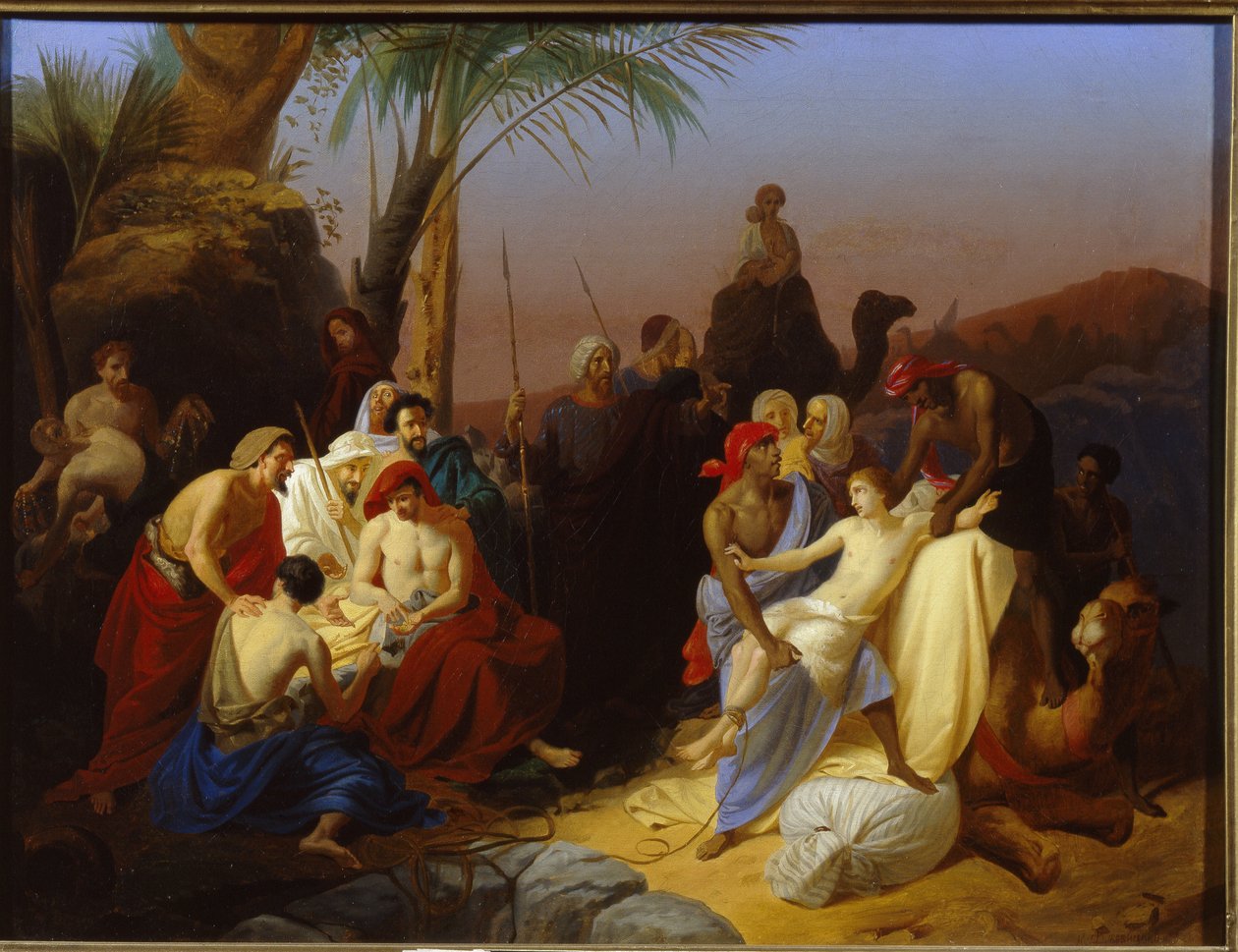 Salget af Joseph. (Episod fra Første Mosebog, hvor Josef bliver solgt af sine brødre til slavehandlere. Maleri af Konstantin Dmitrievich Flavitsky (1830-1866), olie på lærred af Konstantin Dmitrievich Flavitsky