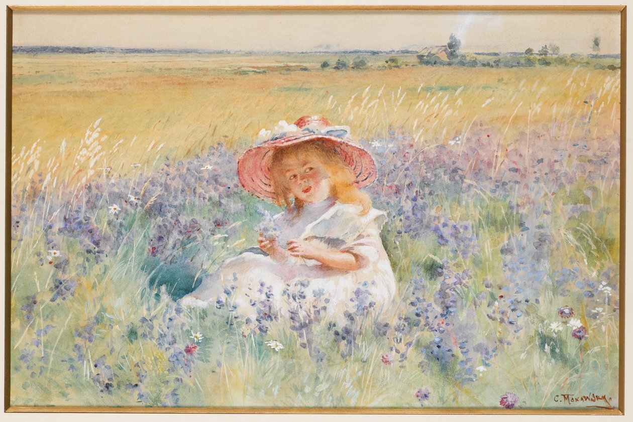 En ung pige på en mark af Salvia, Oxeye Daisies og Meadow Foxtail, af Konstantin Egorovich Makovsky