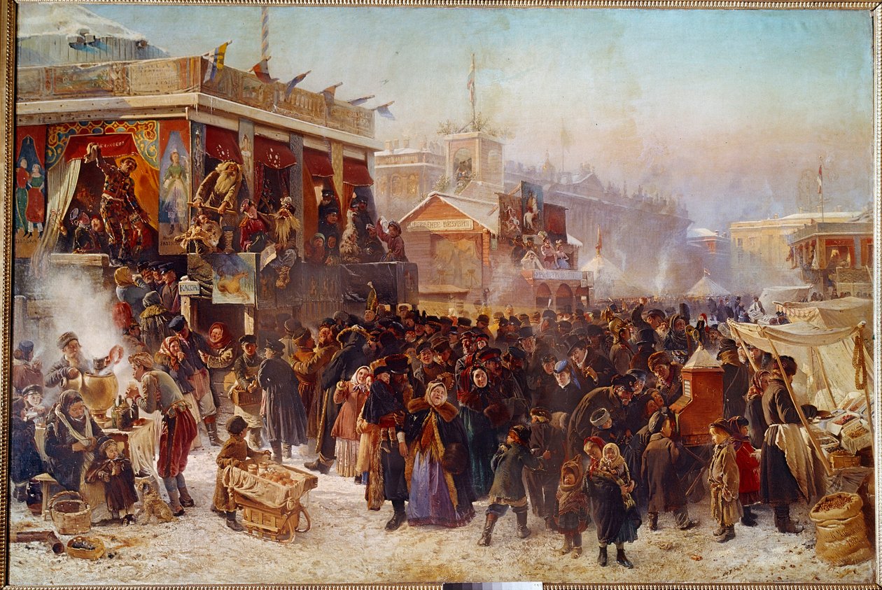 Balladins på Admiraut Square i St. Petersburg Street Theatre Show. Maleri af Constantine Makovsky (Makovsky) (1839-1915) (ec.rus.) 1869 Moskva, Tretyakov Gallery af Konstantin Egorovich Makovsky