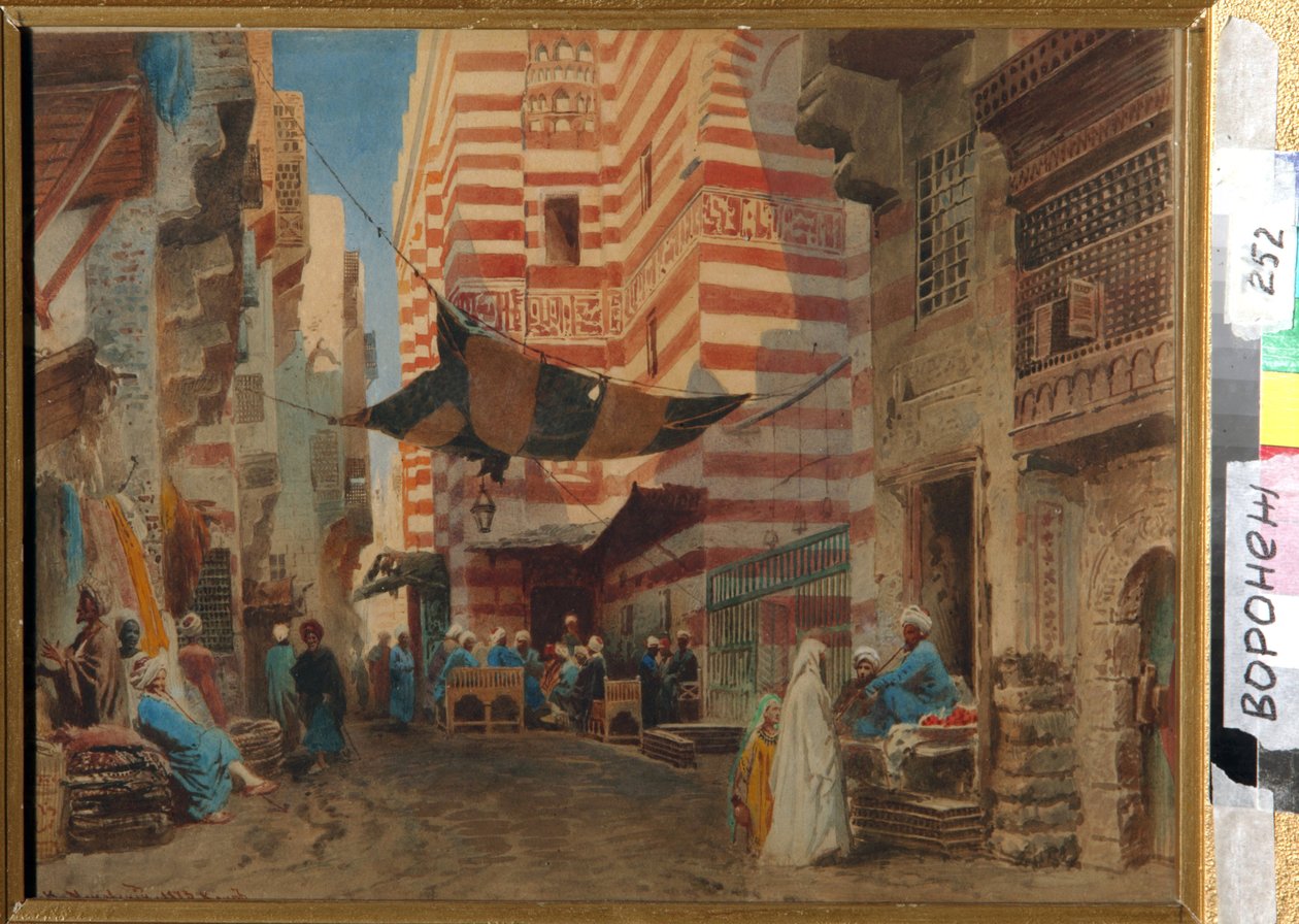 I gaderne i Kairo (Ægypten). Kunstværk af Konstantin Yegorovich Makovsky (Constantin Makovsky) (1839-1915), kunstværk på papir af Konstantin Egorovich Makovsky